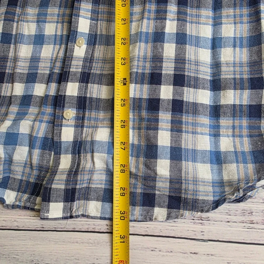 Banana Republic Mens Large Blue Plaid Linen Cotton Long Sleeve Button Up Shirt